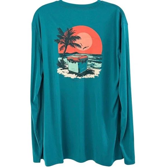 Reel Life Jax Beach UPF50 Tee Mens Large Teal Long Sleeve Graphic Performance - Picture 7 of 16